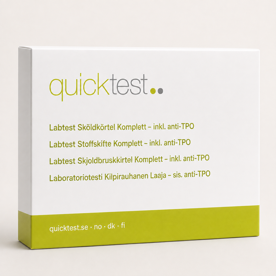 Skjoldbruskkirteltest Stor - TSH, fT3, fT4 & TPO - Quicktest laboratorietest, emballage