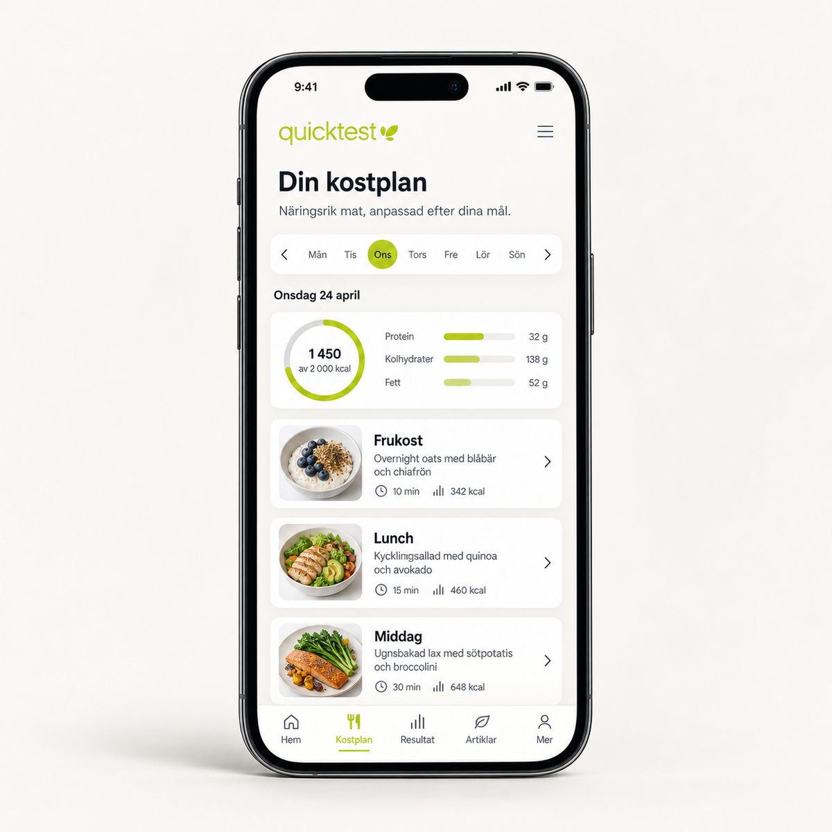 Personlig kostplan i Quicktest Sundhedsportal vist på en iPhone