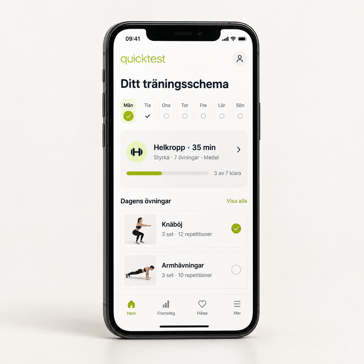 Personlig træningsplan i Quicktest Sundhedsportal vist på en iPhone