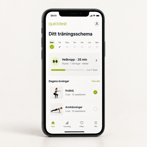 Personlig træningsplan i Quicktest Sundhedsportal vist på en iPhone