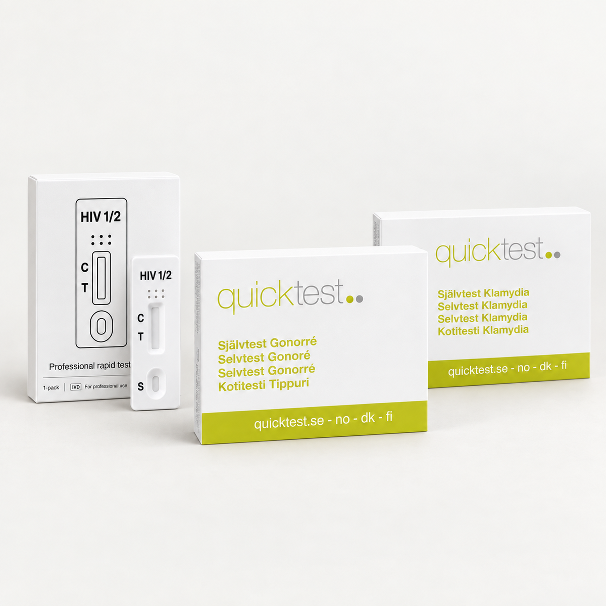 STI-paket med Quicktests klamydiasjälvtest, gonorrésjälvtest och HIV 1/2-test